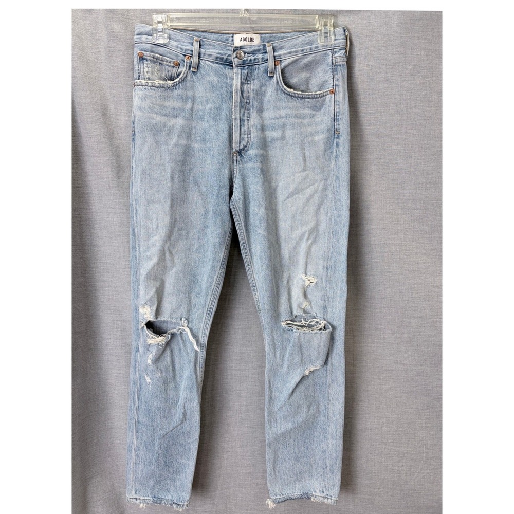 AGOLDE Straight Leg Jeans Light Wash Distressed Knee Blowout 28‎